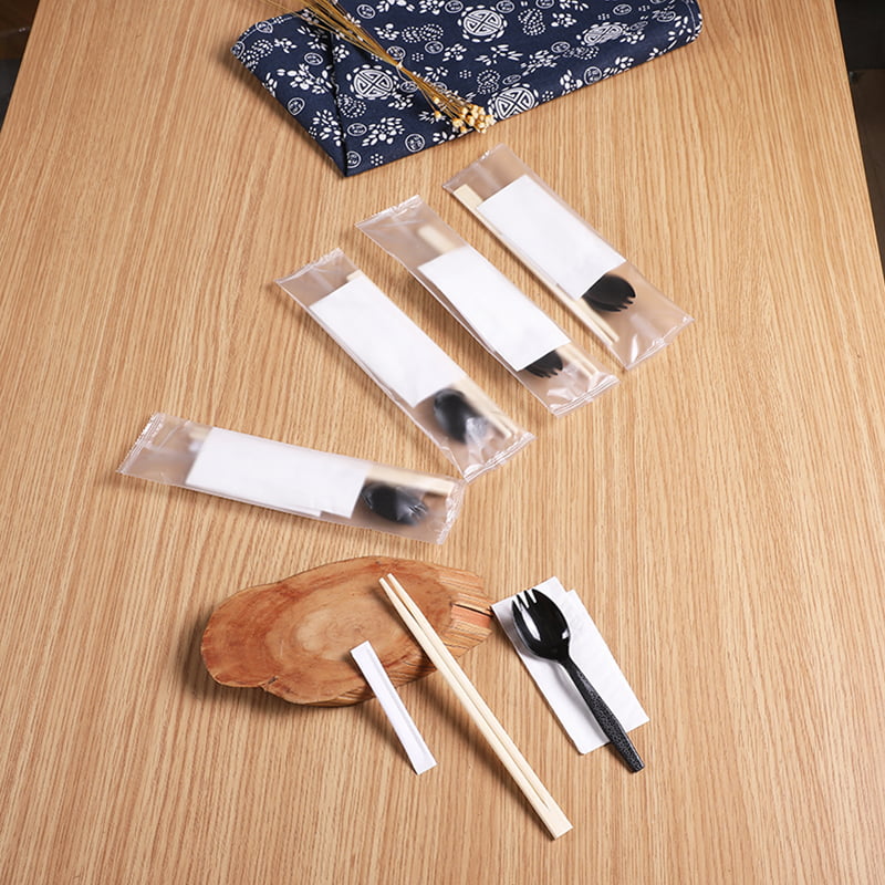 Set de 4 bucăți de bețișoare de bambus de unică folosință cu Serveta Spork Set film compozit matuit